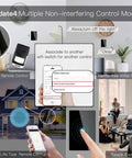 WiFi Smart Wall Light Switch With Glass Panel, No Fuss 2.4GHz Remote Control, 3 Way usage illustration with apps and devices, black 1 gang
