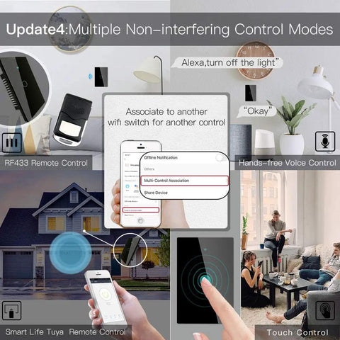 WiFi Smart Wall Light Switch With Glass Panel, No Fuss 2.4GHz Remote Control, 3 Way usage illustration with apps and devices, black 1 gang