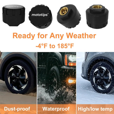 Set Of 4 TPMS Tire Pressure Monitoring Sensors With Relearn Tool For Broad Vehicle Compatibility, Including SUVs, Trucks And Cars, Direct OEM Replacement For Silverado And More, Delivers Stable Signal, Accurate Readings, Easy Install, black cap-style sensors