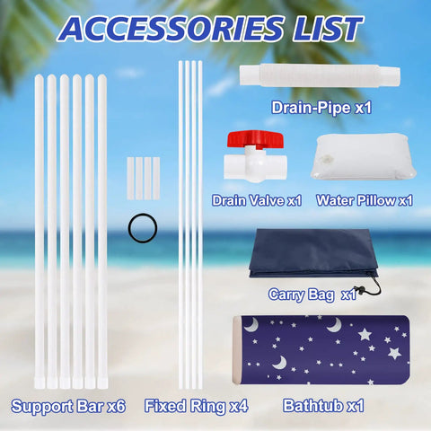 Accessories of Portable Adult Ice Bath Tub For Athletes with pillow, support bars, drain-pipe, valve, carry bag, and bathtub.