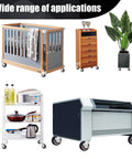 Heavy Duty 3 Inch Stem Casters Set Of 4 With Brakes, shown on crib, furniture, plant stand, and trolley for mobility