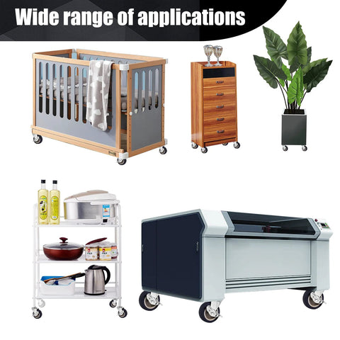 Heavy Duty 3 Inch Stem Casters Set Of 4 With Brakes, shown on crib, furniture, plant stand, and trolley for mobility