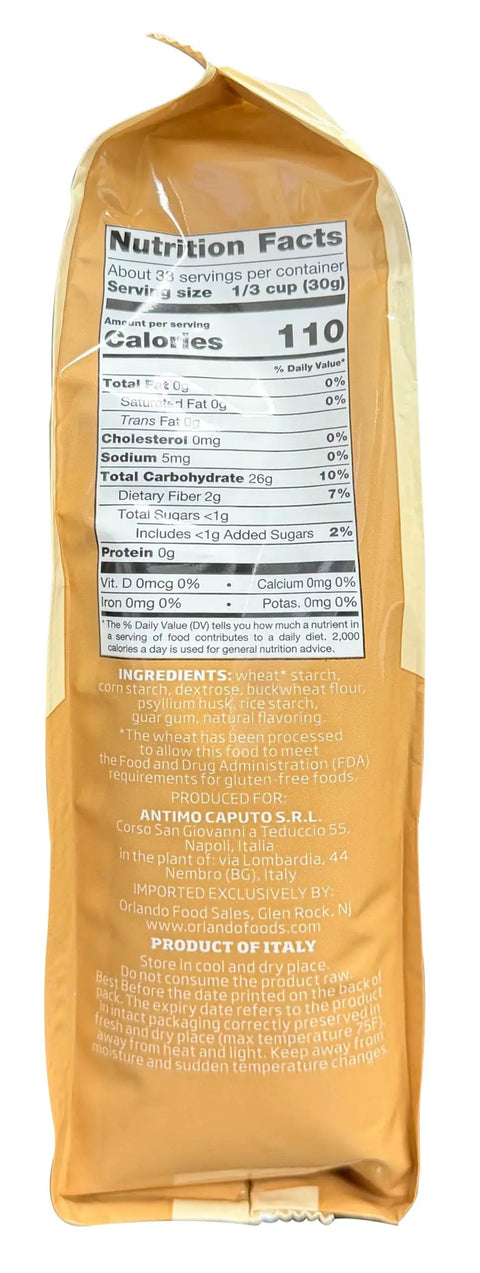 Back of Gluten Free Pizza Flour 2.2 Lb Pro Grade All Natural Flour with nutrition facts on the package.