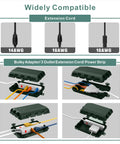 Heavy Duty Outdoor Waterproof Electrical Box Two Pack Tough As Nails Extension Cord Cover Slick Cable Protector For Power Strips Holiday Lights Nine Port Green, showing compatibility with 14AWG, 16AWG, and 18AWG extension cords.