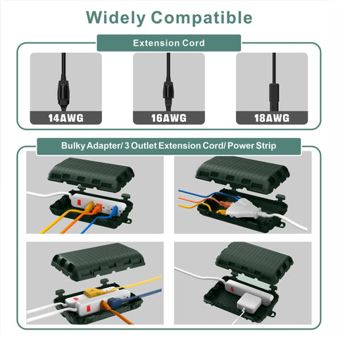 Heavy Duty Outdoor Waterproof Electrical Box Two Pack Tough As Nails Extension Cord Cover Slick Cable Protector For Power Strips Holiday Lights Nine Port Green, showing compatibility with 14AWG, 16AWG, and 18AWG extension cords.