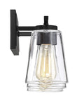 Calhoun Modern Bohemian Clear Glass Vanity Wall Light Three Light Fixture, black backplate, single bulb close-up