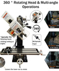 Benchtop Drilling Milling Machine With 1300W Brushless Motor Variable Speed 20 To 2250 RPM, 360° rotating head for angled operations.