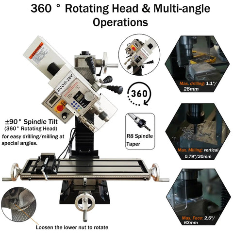 Benchtop Drilling Milling Machine With 1300W Brushless Motor Variable Speed 20 To 2250 RPM, 360° rotating head for angled operations.