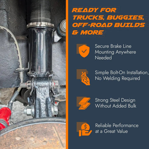 Bolt-on brake line tabs on vehicle suspension for Beefy Bolt On Brake Line Tabs Mounting Brackets For 5/8 Inch Line Fittings