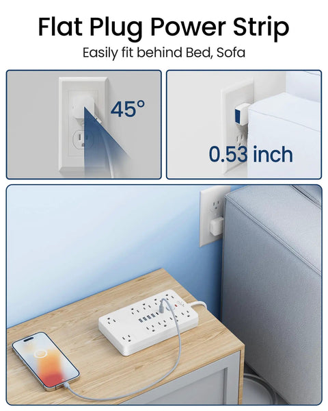 Surge Protector Power Strip With 10 Outlets And 6 USB Ports Including 2 USB-C, 6 Ft Heavy Duty Extension Cord, Wall Mount, 1850W 15A Overload Protection, ETL Listed For Home Or Dorm Room, flat plug behind bed