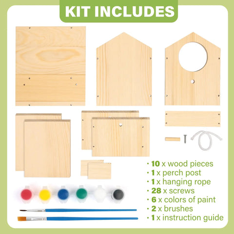 DIY Wooden Bird House Kit For Kids Ages 4 And Up Build And Paint Craft Set With Pre Drilled Pieces Includes Paints And Brushes, Easy To Follow Instructions For Creative Family Fun. kit includes 10 pine wood pieces, paints, brushes, rope, screws