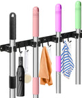 Stainless Steel Rustproof Broom Holder Wall Mount With Four Slots And Six Hooks Built Tough Mop Hanger Wall Organizer For Kitchen Garden Garage Laundry Room Bathroom And RV Black