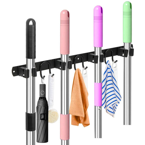 Stainless Steel Rustproof Broom Holder Wall Mount With Four Slots And Six Hooks Built Tough Mop Hanger Wall Organizer For Kitchen Garden Garage Laundry Room Bathroom And RV Black