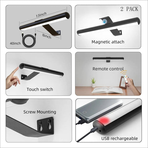 Rechargeable Picture Lights For Wall Art Set Of 2 With 5000mAh Battery showing magnetic attach, touch switch, and USB rechargeable options