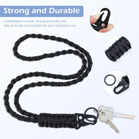 Built Tough Paracord Neck Lanyard Keychain For Everyday Carry Outdoor Survival Ready With HK Clip and Key Ring in Black