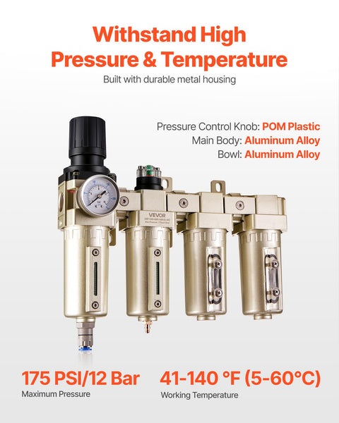 All-In-One Air Compressor Filter Regulator With Four-Stage Filtration and Desiccant Dryer, durable metal housing