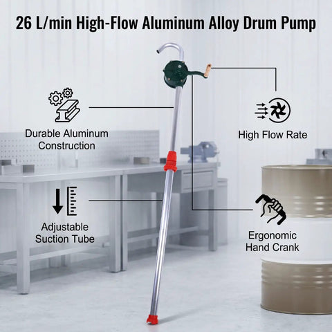 Banapoy 26L Manual Min Drum Pump For Engine Oil Transfer Made From Sturdy Aluminum Alloy Corrosion Resistant Design With High Strength Impeller Ideal For Auto Repair Shops And Mechanical Workshops To Safely Move Diesel Hydraulic Fluids Without Spills Or