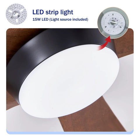 Geelife 52" 5PCS Solid Wood Blades Ceiling Fan with Lights Remote Control showing LED strip light fixture details.