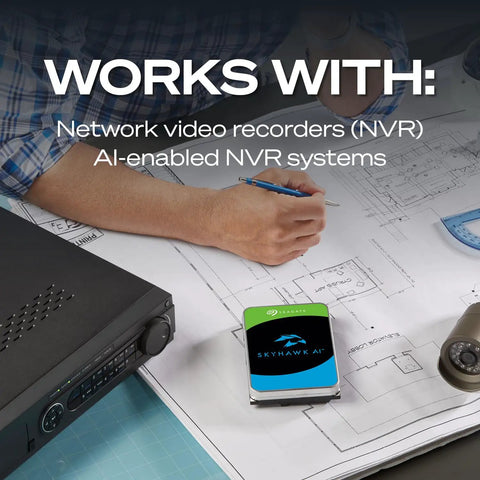 Person writing notes with SkyHawk AI 8TB Video Internal Hard Drive next to NVR system on a desk, showcasing compatibility.