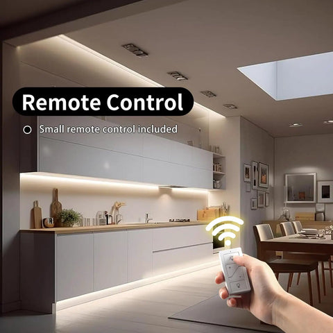 Smart 12V To 24V Dimmer Switch With Remote And Alexa Voice Control For LED Strip Lights in modern kitchen setting.