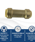 Push Fit Check Valve 1/2 In X 1/2 In Brass Plumbing Fitting For Copper And CPVC, NSF ANSI 61 Certified, durable brass body