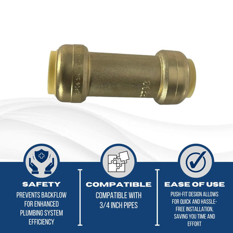 Push Fit Check Valve 1/2 In X 1/2 In Brass Plumbing Fitting For Copper And CPVC, NSF ANSI 61 Certified, durable brass body