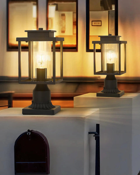 Sleek Outdoor Post Light Set 2 Pack With 1 Light Each Exterior Lantern On Pier Mount Base Black Finish Cylinder Glass