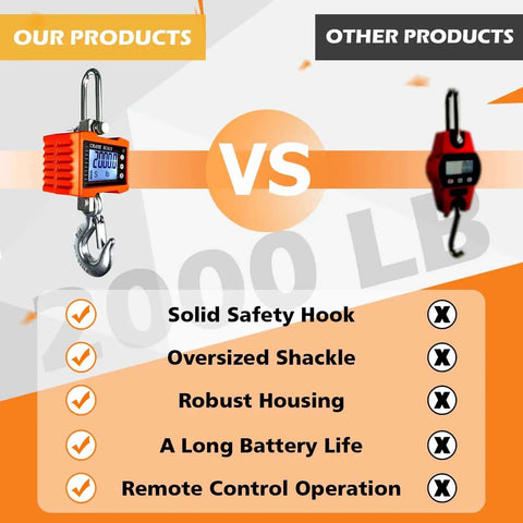 Beefy Digital Crane Scale With 1000 Kg Capacity 2200 Lb High Precision 0.2 Kg Increments Aluminum Case Remote Control CE Certified Industrial Hanging Scale For Garage Farm And Hunting Orange compared to another scale