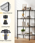 Beefy 4 Tier Wire Storage Shelves With 200 Lbs Per Shelf Capacity, Heavy Duty Steel Rack With Black Finish For Kitchen, Garage, Pantry, And Workshop Organization. 4-tier black steel wire shelf with leveling feet