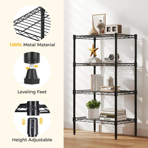 Beefy 4 Tier Wire Storage Shelves With 200 Lbs Per Shelf Capacity, Heavy Duty Steel Rack With Black Finish For Kitchen, Garage, Pantry, And Workshop Organization. 4-tier black steel wire shelf with leveling feet