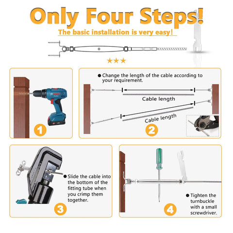 Illustration of 36 Pairs Stainless Steel Cable Railing Kit installation steps with tools and wood posts for deck and patio railings.