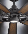 Close-up of Top Shelf Large Ceiling Fan With Classic Americana Vibes And A Real Deal Heavy Duty Steel Build featuring wooden blades and LED light.