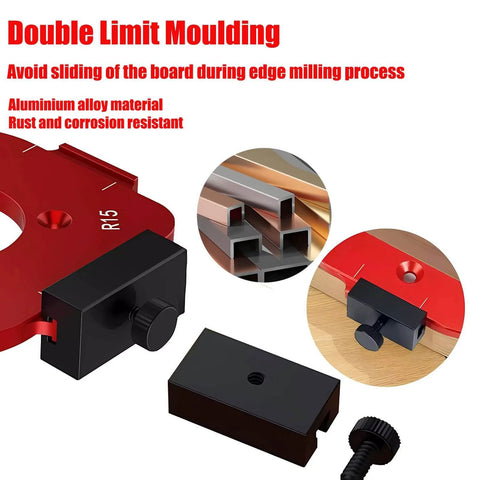 Aluminum 4 In 1 Rounded Corner Router Template Kit with Edge Guide Radius Template showing red template and milling bit set.