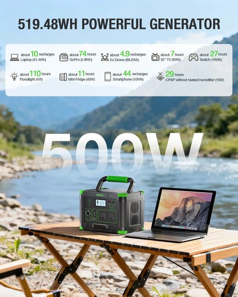 Power On The Go 500W Portable Power Station with 519.48Wh battery on outdoor table near river
