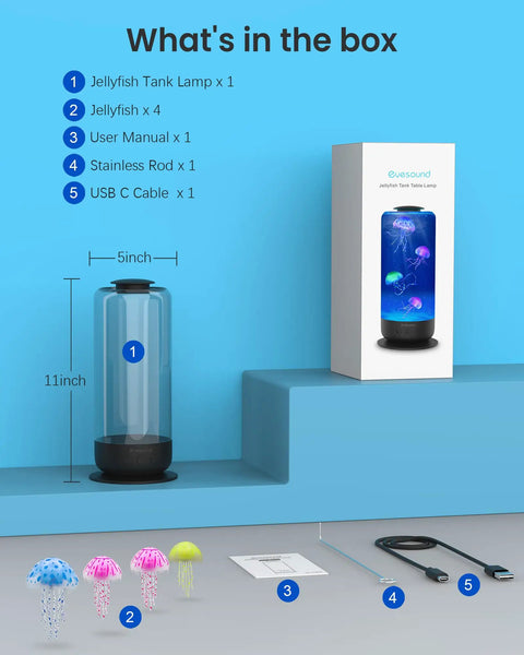 Jellyfish Lamp With 7 Color Changing LEDs Realistic Floating Tank Aquarium Night Light components and setup guide.