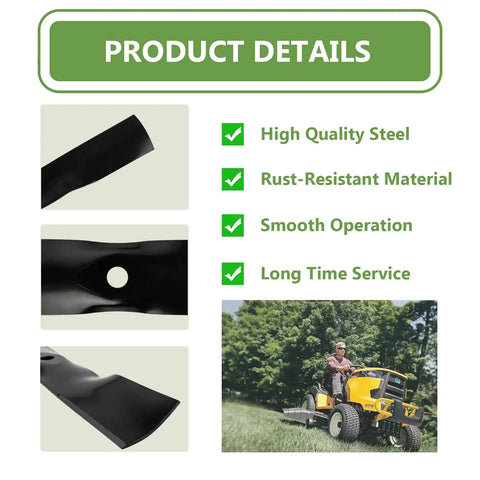 High quality rust-resistant Replacement John Deere UC22008 Lawn Mower Blades 42 Inch Deck for X330 and Z Trak mowers with close-ups and installed view.