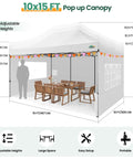 10x15 Heavy Duty Pop Up Canopy Tent With 4 Sidewalls For Outdoor Weddings And Parties All Season Windproof Waterproof Gazebo With Durable Steel Frame And Included Carry Bag, with tables and chairs inside, showing dimensions and adjustable heights.