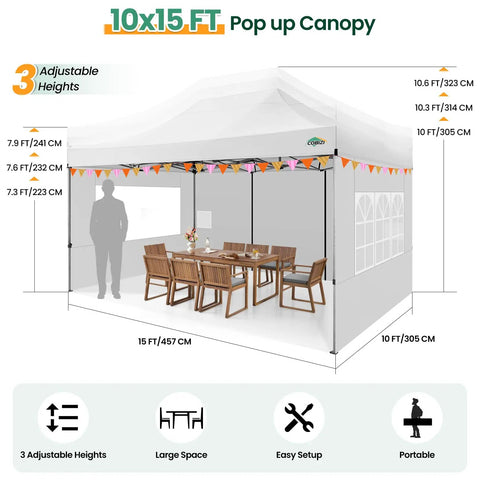 10x15 Heavy Duty Pop Up Canopy Tent With 4 Sidewalls For Outdoor Weddings And Parties All Season Windproof Waterproof Gazebo With Durable Steel Frame And Included Carry Bag, with tables and chairs inside, showing dimensions and adjustable heights.