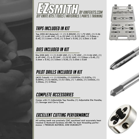 DIY Tap And Die Kit For Knife And Gun Making, UNF Standard And Metric, 33 Piece Micro Thread Set displayed with taps, dies, drills, handles, and case.
