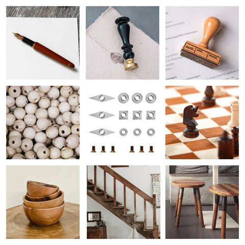 Collage of various items including a pen, stamp, wooden beads, carbide cutters for wood lathe, chess pieces, bowls, stairs, and stools.