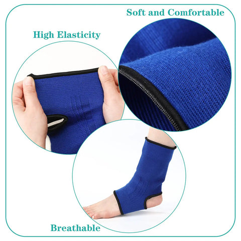 Two Pairs Muay Thai Ankle Supports Compression Sleeves For Men And Women Breathable Boxing Foot Braces Martial Arts Kickboxing Gym Running No Slip Ankle Wraps In Black And Blue Size Large showing elastic and breathable material in blue color