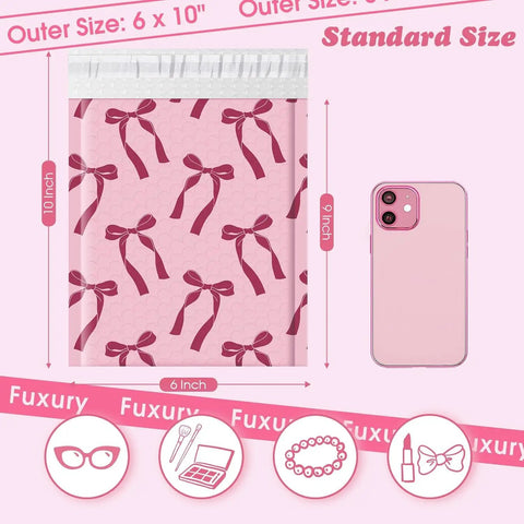 Pink Bows Bubble Mailers Set 6x10 Outer 6x9 Inner Padded Envelopes for Jewelry Makeup and More, pink design, sizing detail