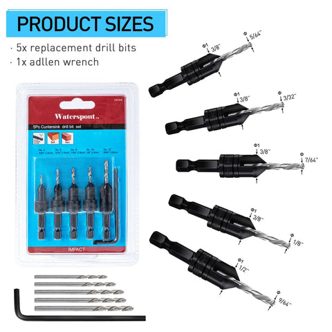 Woodworking Countersink Drill Bit Set 5 Piece 3 In 1 Chamfer Bits With Depth Adjustable M2 Pilot Bits 82 Degree Tapered Countersink
