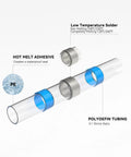 Exploded view of a blue waterproof heat shrink butt terminal from 150 Piece No Fuss Solder Seal Wire Connector Kit.