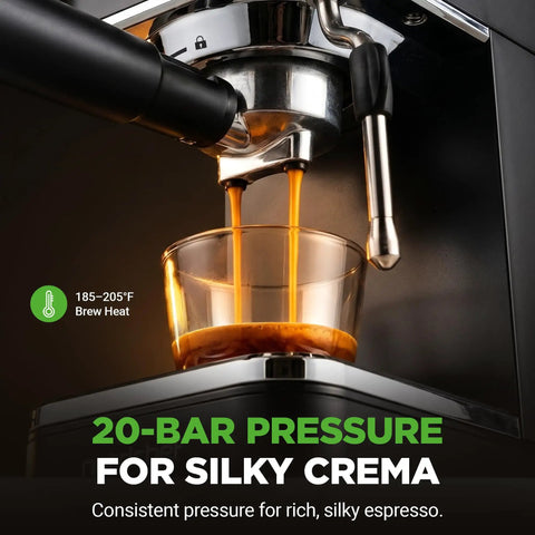 Close-up of Premium Twenty Bar Espresso Maker With Built In Milk Frother And One Point Eight Quart Removable Tank brewing silky espresso.