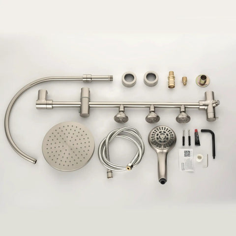Riviera Shower System With 8-Inch Rain Showerhead, Three Body Sprays, Five-Function Hand Shower, Brushed Nickel Finish components displayed