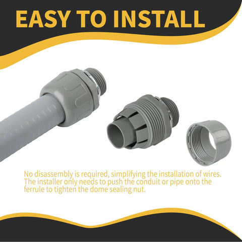 No Sweat 3/4 Inch Liquid Tight Conduit Connectors Straight Shape Grey Nylon 6 Build showing easy installation method.