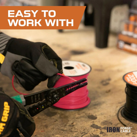 6 Gauge Primary Wire 2 Pack 25ft Pure OFC Oxygen Free Copper Red And Black Automotive Wire held with pliers on a workbench.