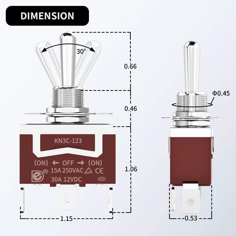 12V 30A 3 Way Waterproof SPDT Toggle Switch ON OFF ON for Marine Boat Winch, Tough As Nails Heavy Duty 12VDC, Durable Electrical Switch, 4 Pack, Waterproof IP67 Marine Grade Switches for Auto Boat Use, dimension view