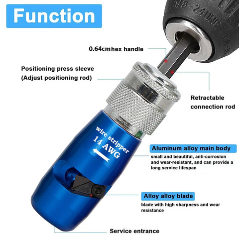 Straight Up Awg14 Wire Stripper And Twister Tool For Electric Drill Adjustable US Cable Accessory showing aluminum alloy body and retractable connection rod.